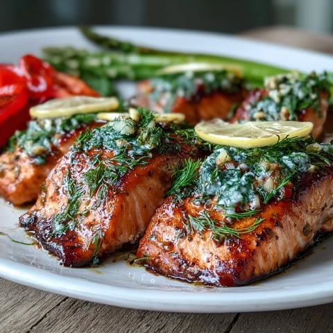 Golden-baked Marry Me Salmon fillets brushed with garlic-lemon marinade and topped with fresh dill.