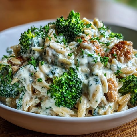 Creamy Garlic Turkey & Broccoli Orzo served in a skillet, garnished with fresh parsley and extra parmesan cheese.