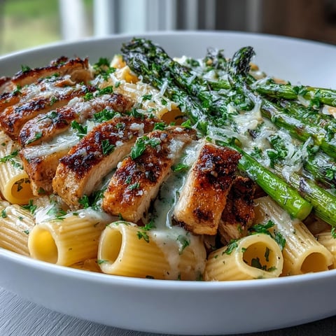 Crispy Parmesan Asparagus Chicken Pasta plated with golden chicken slices, roasted asparagus, and creamy lemony sauce in a white dish.