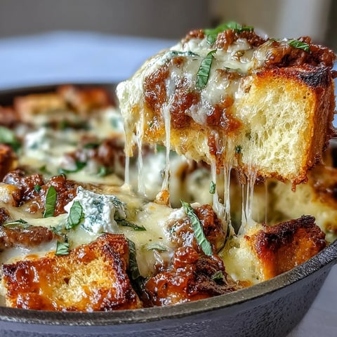 Golden, bubbly mozzarella tops layers of cheesy garlic bread lasagna skillet with rich meat sauce, served steaming in a cast iron pan.