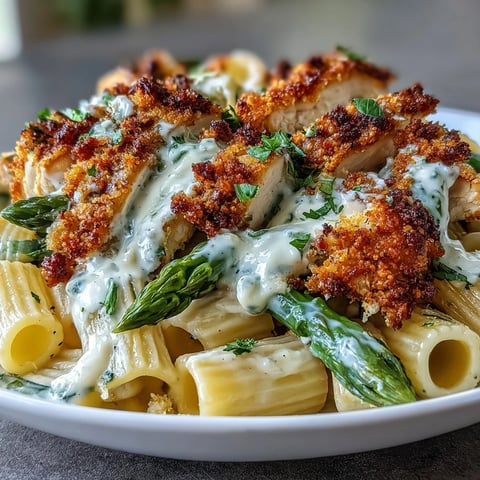 Golden, crispy roasted asparagus topped with panko and Asiago cheese, ready to be folded into creamy Crispy Parmesan Asparagus Chicken Pasta.