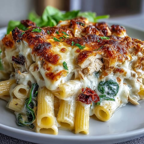 Freshly baked Greek Yogurt Chicken Alfredo Bake with melted mozzarella and golden bubbles from the oven.