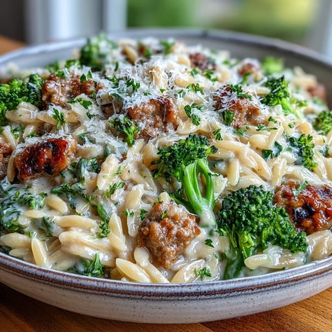 Freshly cooked ground turkey and vibrant broccoli florets mingle with tender orzo in a rich, creamy garlic sauce, served hot as a comforting family dinner.