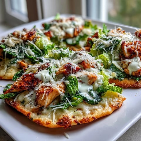 Freshly baked Garlic Naan Chicken Caesar Pizzas with melty cheese and Caesar-dressed chicken, ready to serve.