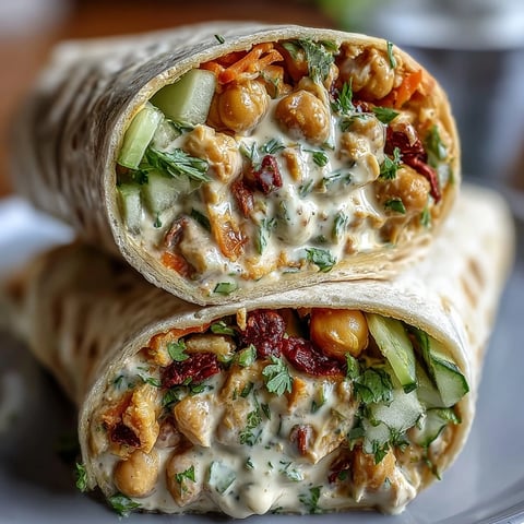 Vegan Coconut Curry Chickpea Salad Wraps with creamy curry-spiced chickpeas, crisp veggies, and fresh herbs wrapped in a soft tortilla.