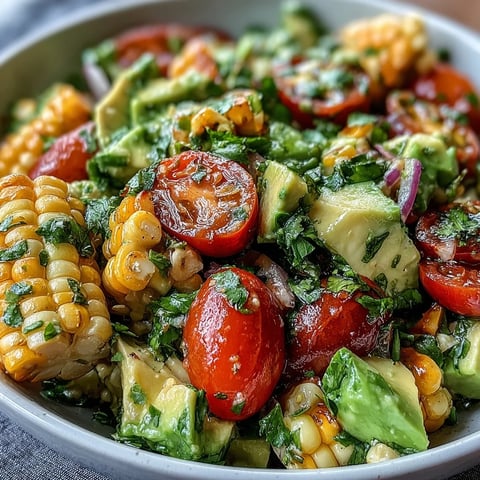 Fresh summer corn, tomato, and avocado salad with zesty lime vinaigrette, bursting with color and flavor.  