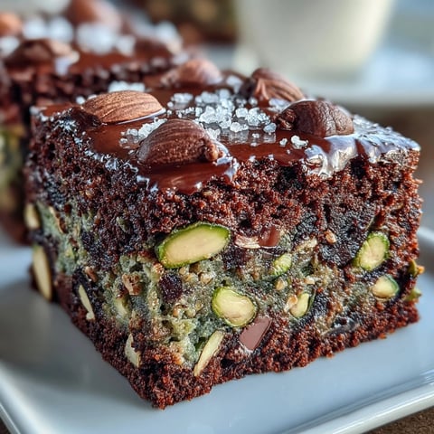 A rich, fudgy pistachio-chocolate snacking cake topped with chopped nuts and flaky sea salt for irresistible texture.
