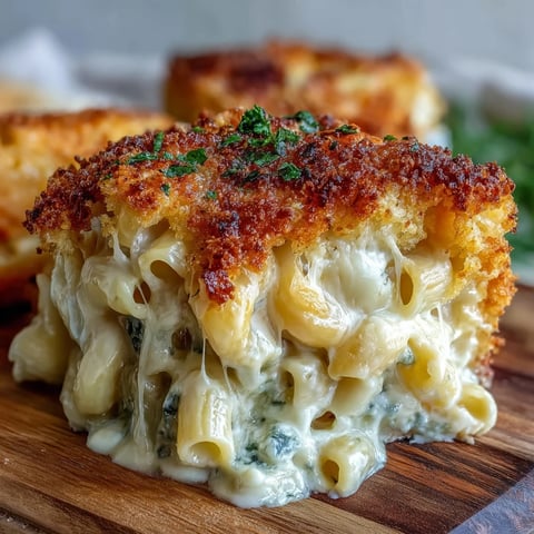 Four-cheese mac and cheese bake with golden breadcrumb crust, bubbling with creamy cheddar, Gouda, mozzarella, and blue cheese sauce.