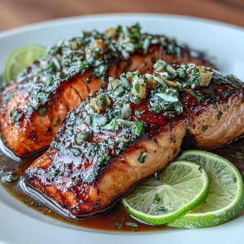 A golden baked salmon fillet glazed with honey, lime, and garlic butter, garnished with fresh cilantro and lime slices.