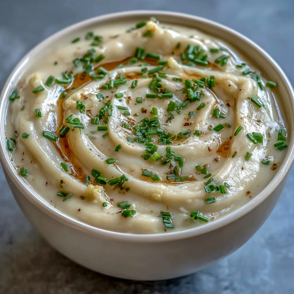 A steaming bowl of creamy onion and cauliflower soup, garnished with fresh chives and a drizzle of olive oil.
