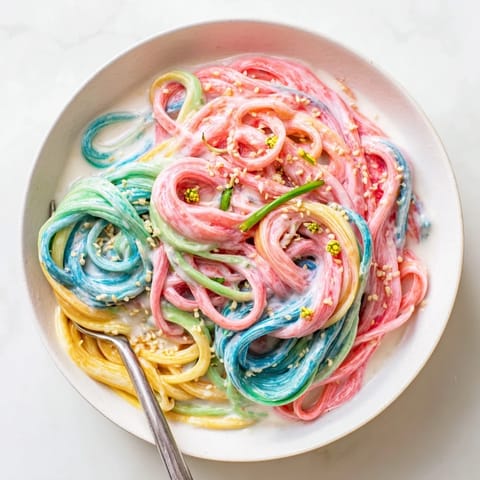 Whimsical Neon Noodle Cloud dish, vibrant colors and creamy sauce delight everyone.  