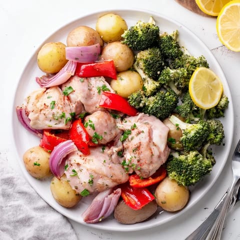 Sizzling Lazy Gourmet Chicken & Vegetable One-Pot, served with fresh parsley and lemon.  