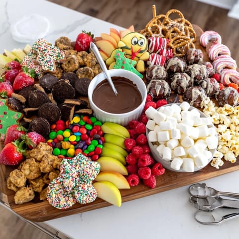 Indulge in a creative dessert board featuring vibrant sweets and fresh fruits.  