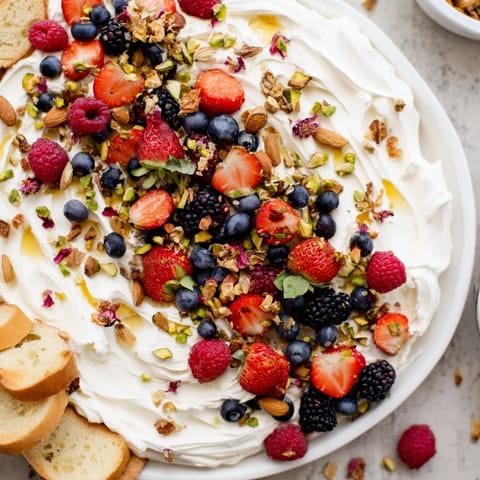 Rich whipped cream cheese topped with vibrant berries and drizzled honey on toasted bread.  