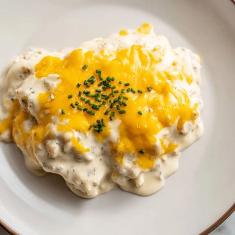 A close-up of a creamy Cheddar Ranch Chicken Bake, baked until the cheese is perfectly browned.