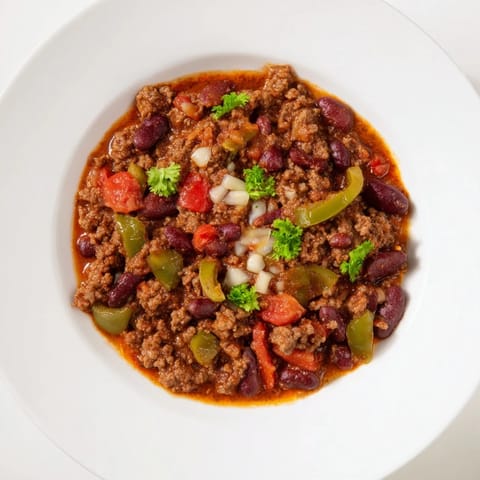 A close-up of a flavorful, bubbling quick chili recipe loaded with beans and vegetables.