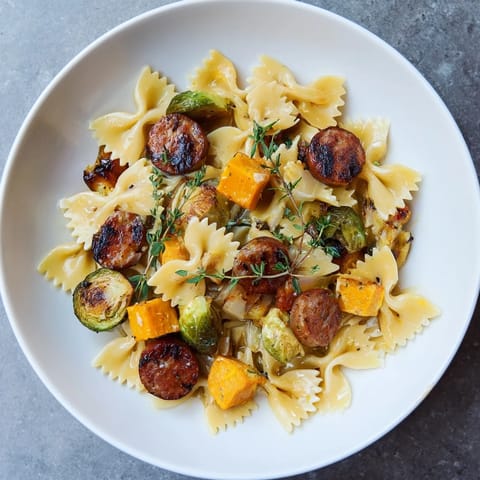 Vibrant colors highlight this delicious Autumn Sausage Pasta Squash simmering in a garlic butter sauce.