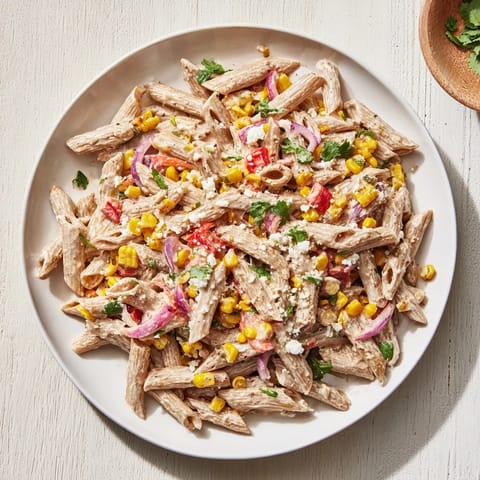 A beautiful bowl of Healthier Mexican Street Corn Pasta Salad, fresh and ready for a summer picnic.