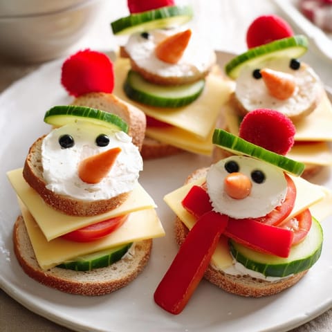 Kid-friendly Snowman Sandwich Stack, with olive eyes and carrot noses, ready for a winter picnic.
