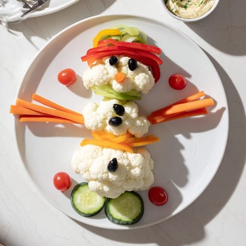 Festive snowman crudités: crisp carrots, peppers and cauliflower forming a cheerful, edible snowman with dip.
