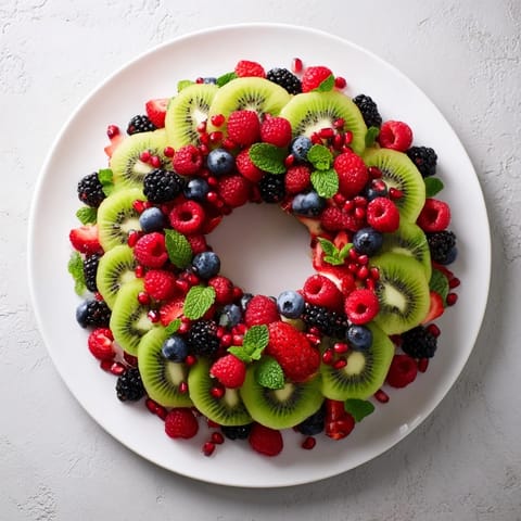 A close-up of the fruit plate: kiwi and berry holiday wreath, perfectly arranged for festive snacking occasions.
