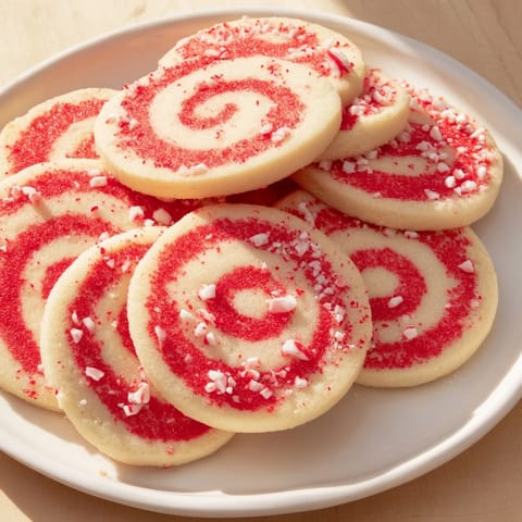 Delicious Candy Cane Swirl Cookies, showing off vibrant red swirls with crushed peppermint garnish.
