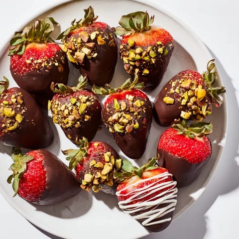 Freshly dipped dark chocolate covered strawberries, speckled with nuts—a delicious and easy treat.