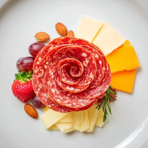 Single-serving easy charcuterie with a salami rose and ripe strawberries, perfect for snacking.