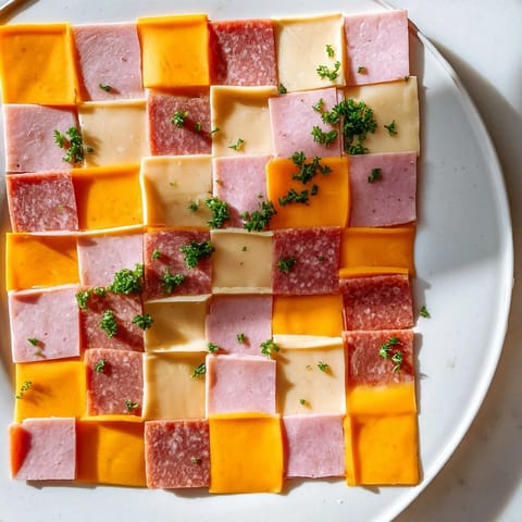 A delicious Patchwork Quilt appetizer, featuring artfully arranged meats and cheeses, ready to serve and enjoy.