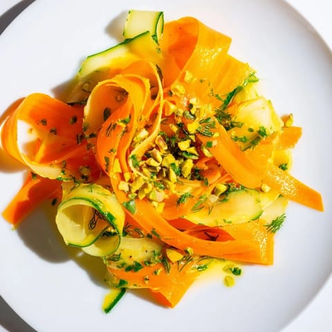 Delicate carrot ribbons in a Citrus Carrot Ribbon Salad, tossed with a zesty citrus dressing and mint.