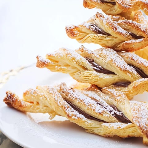 Warm, flaky Nutella Pastry Christmas Trees dusted with powdered sugar, an irresistible dessert recipe.