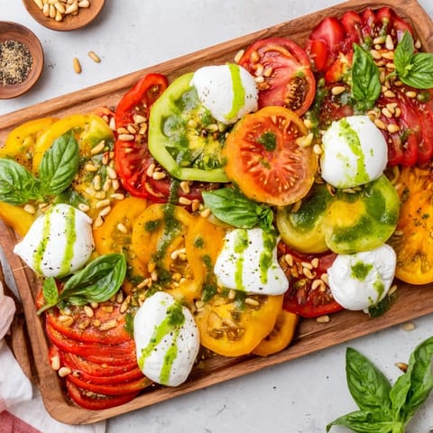 Vibrant heirloom tomato salad board with sliced tomatoes, torn burrata, and fresh basil garnish for summer gatherings.  