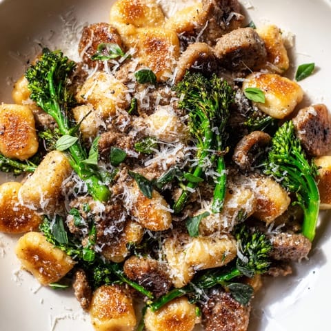 A close-up of the easy Sheet Pan Gnocchi Bake, featuring pillowy gnocchi, savory sausage, and vibrant green vegetables.  