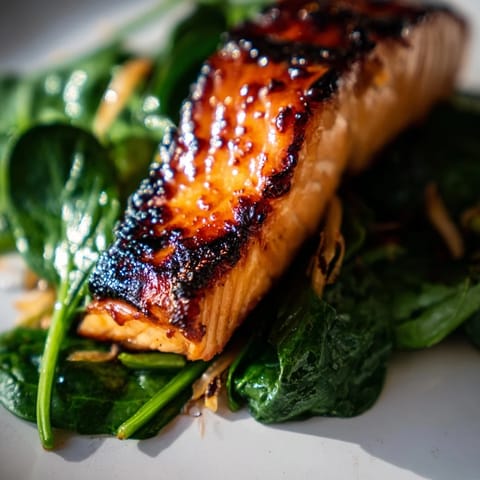 A top-down view of Miso Salmon on Sautéed Spinach, highlighting caramelized edges and sautéed spinach leaves with ginger.