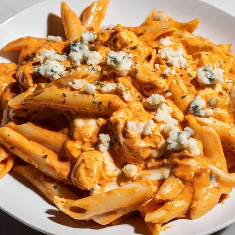 Buffalo chicken pasta is a rich, cheesy one-pan meal with tender rotini and a zesty kick, garnished with fresh chives for brightness.  