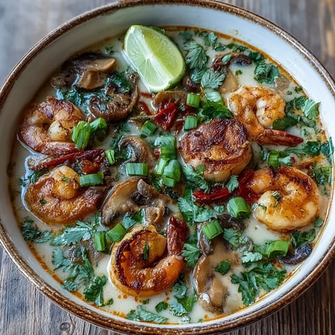 Thai Coconut Shrimp Soup served in a rustic bowl, garnished with fresh cilantro and lime wedges for a bright, tangy finish.