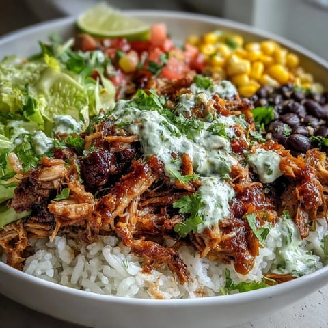 Colorful Carnitas Burrito Bowl with crisp lettuce, zesty salsa, and creamy lime crema garnished with fresh cilantro.  