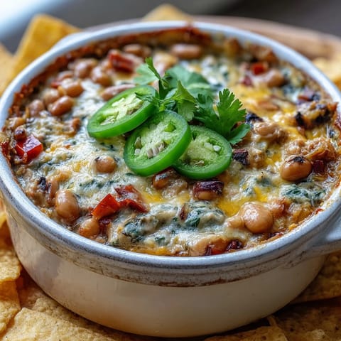 Golden, creamy Hot Black-Eyed Pea Dip with Jalapeño and Cumin being scooped up by a chip, highlighting the rich texture and savory spices.