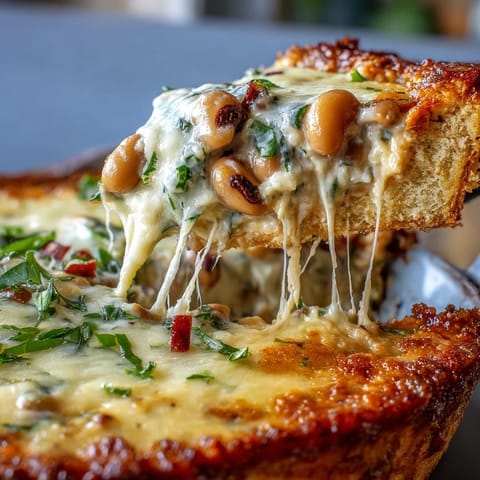 Hot Black-Eyed Pea Dip is spooned from a ceramic dish, revealing chunks of peppers, jalapeños, and black-eyed peas.