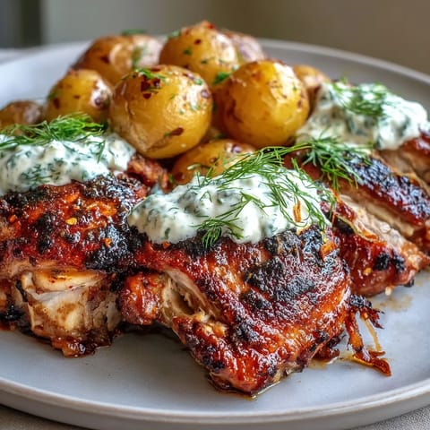 Sizzling grilled chicken marinated in spiced yogurt sits beside crunchy roasted baby potatoes, crowned with a dollop of tangy dill feta cream.