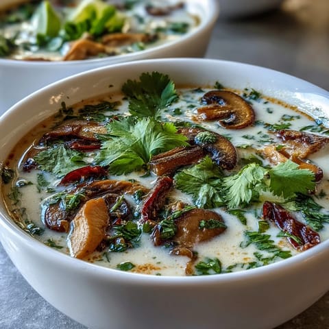 Steaming bowl of Tom Kha Soup featuring fragrant lemongrass and coconut cream.