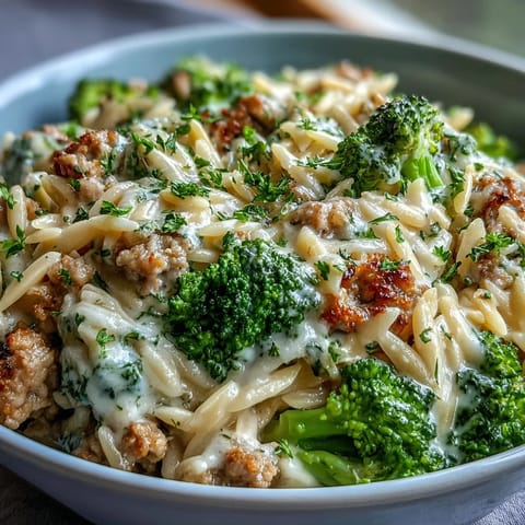 Creamy Garlic Turkey & Broccoli Orzo with tender turkey, steamed broccoli florets, and parmesan sauce in a white bowl.