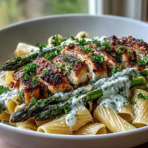 A close-up of Crispy Parmesan Asparagus Chicken Pasta revealing melted cheese, tender asparagus, and glossy sauce clinging to penne noodles.