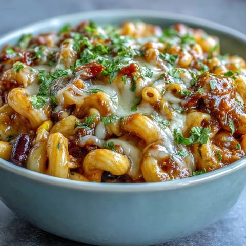 A close-up of One-Pot Tex-Mex Chili Mac with Corn in a bowl, topped with fresh cilantro and a dollop of sour cream next to tortilla chips.