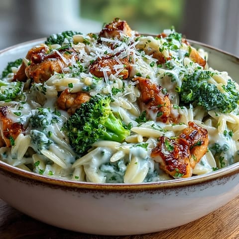 Creamy Garlic Turkey & Broccoli Orzo recipe plated in a skillet, topped with extra Parmesan and lemon zest for a bright, savory garnish.