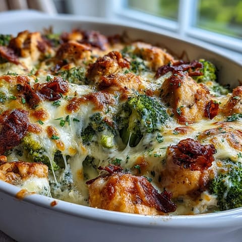Golden brown, bubbly Keto Cheesy Broccoli Chicken Bake fresh from the oven with steam rising.