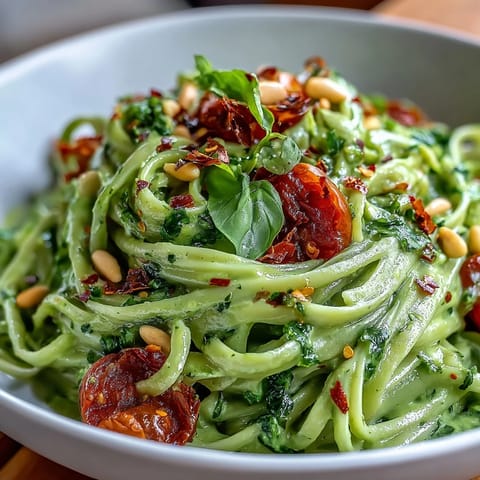Creamy avocado lime pasta with cherry tomatoes tossed in a silky green sauce, garnished with fresh basil and pine nuts.
