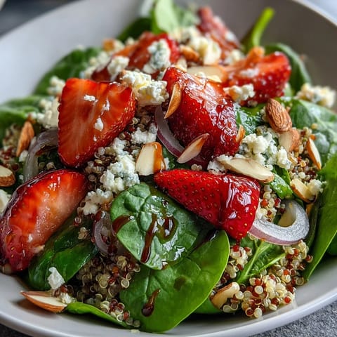 Healthy Strawberry Spinach Quinoa Salad with fresh strawberries and spinach tossed in a homemade balsamic vinaigrette dressing.