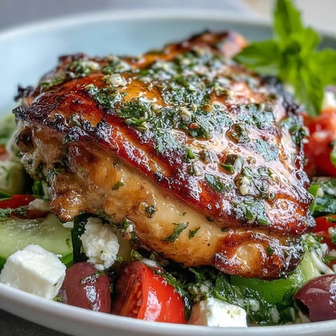 Grilled Lemon Herb Chicken Thighs with Greek Salad served hot off the grill with fresh feta and Kalamata olives.