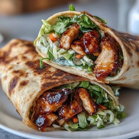 Sweet Chili Chicken Wraps with tender marinated chicken, crisp veggies, and fresh cilantro in a warm tortilla.